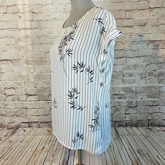 Como Blu Womens Striped Top Blouse Leaf Print Cuff Sleeve White Gray Size Medium - Picture 3 of 8